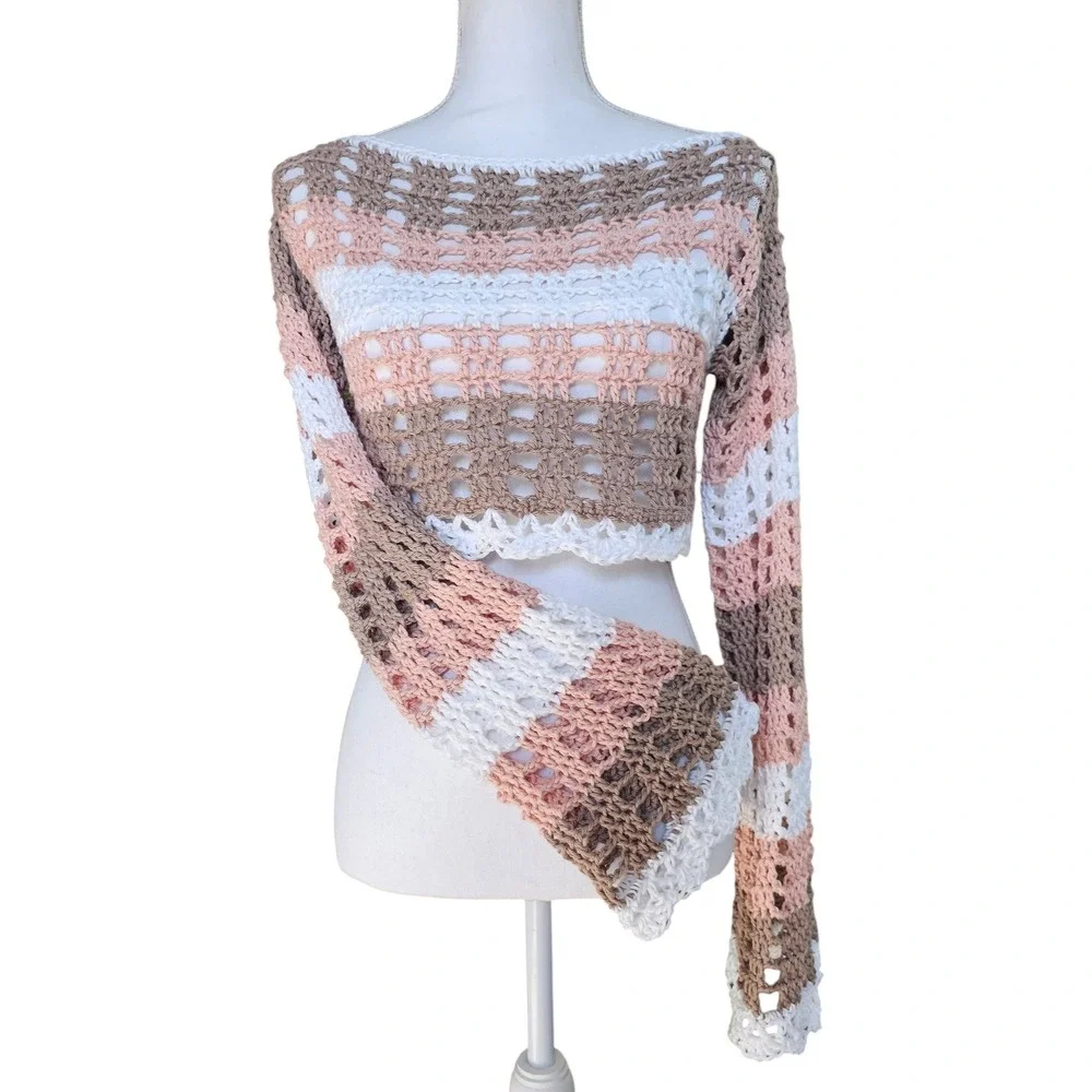 Handmade Crochet Boat Neck Bell Sleeve Crop Top | Festival Fairy Boho Mesh Top